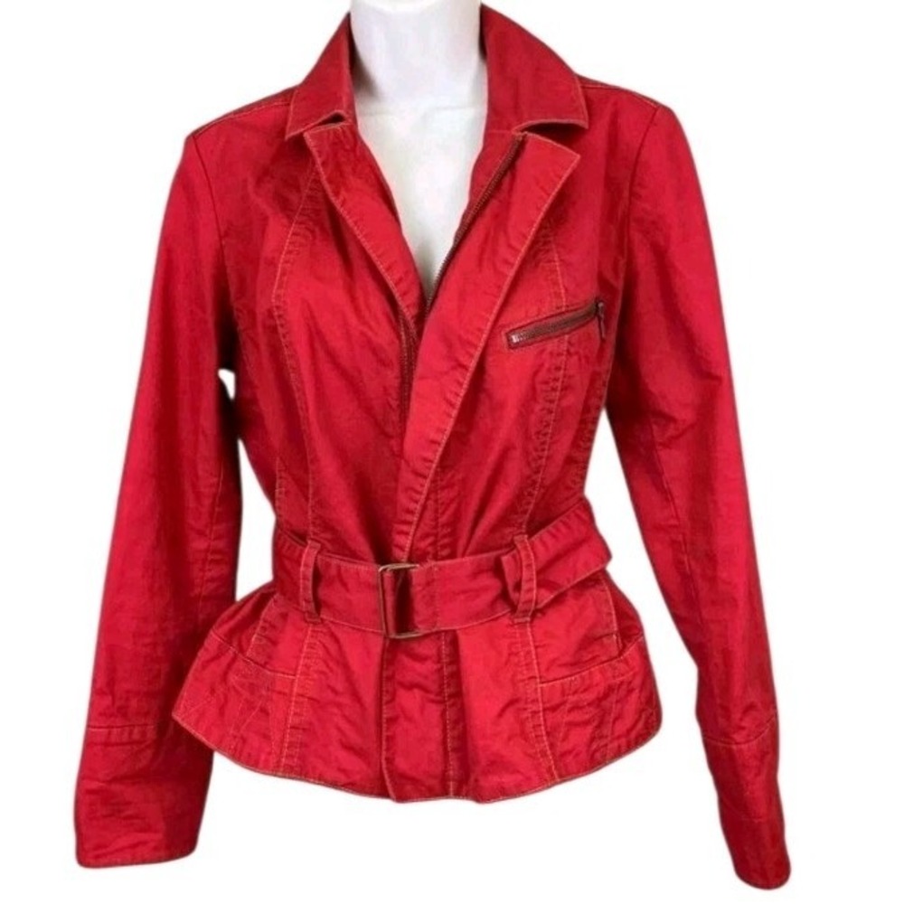 Cabi Womens SZ M Jacket coat Red Belted Pockets Long Sleeve cotton Full Zip Up